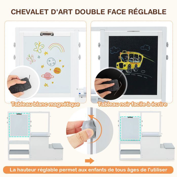 Table Enfant Avec 4 Chaises GOPLUS - Table Dessin Ronde Tableau Noir Rose Avec Rangement - Meuble Activités Empilable