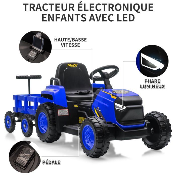 LEADZM 12V Tracteur Électrique pour Enfants avec Remorque Amovible, Véhicule Électrique Enfant avec Lumière LED, Musique et Klaxon, Télécommande 2,4 GHz Bleu