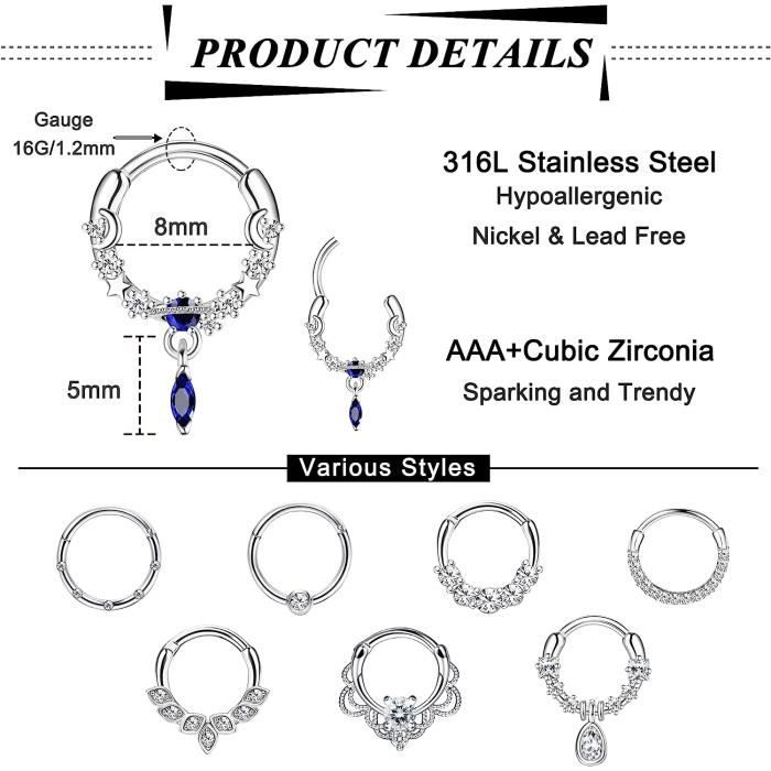 Diamday Lot 6 Anneaux Septum Clicker Acier Chirurgical 16G/18G - Piercing Nez Oreille Cartilage Lip Daith