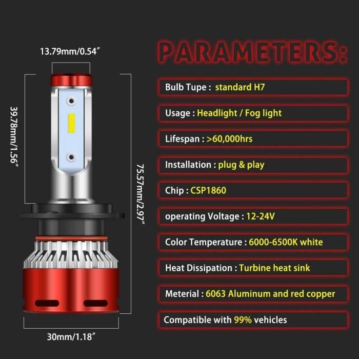 Ampoule LED H7 (lot de 2 pièces) 6000k Wit brillant 12000LM IP68