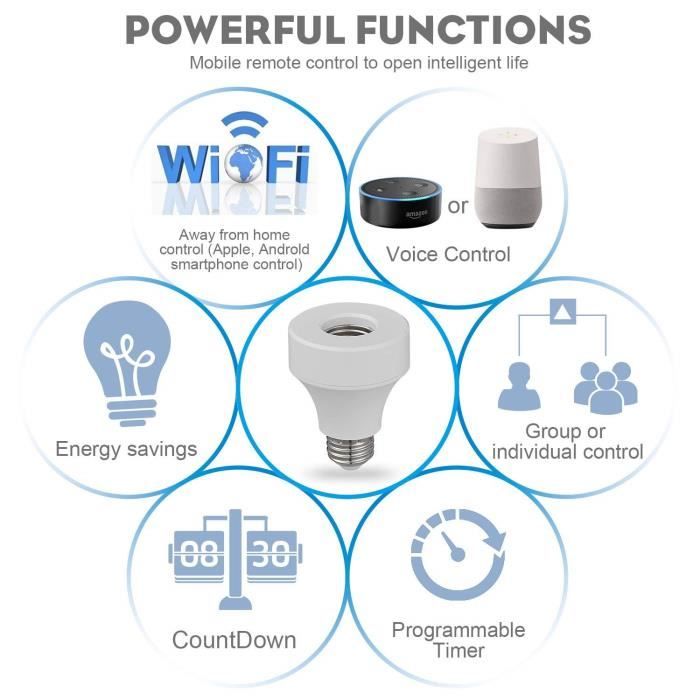 Prise Connectée Wifi Intelligent Adaptateur sans fil ,Smart WIFI Douille  d'ampoule convertisseur Base E27/E26 Télécommande Opération