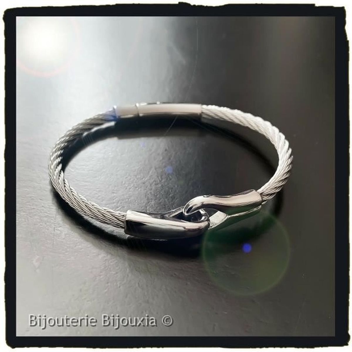 Bracelet Gourmette pur acier inox  brossé 21 cm   avec  câble