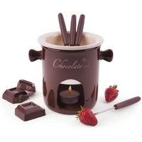 Service a Fondue au Chocolat Excelsa, 7 pieces, ceramique, creme/Marron, Manche Marron