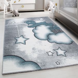TAPIS Tapis pour Chambre d'Enfant et de Bébé, motif ours, nuage et étoile, couleur bleu gris et blanc, Taille 140 x 200 cm