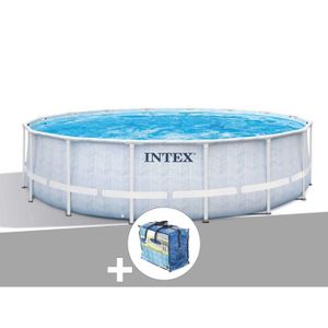 PISCINE Kit piscine tubulaire Intex Chevron ronde 4,88 x 1,22 m + Bâche à bulles 4,88m x 4,88m x 1,22m Bleu