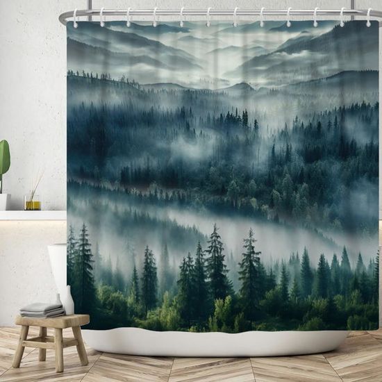 Rideau De Douche Boho 180x200 Cm - Imprimé Feuilles Tropicales Bleu Marine Et Or