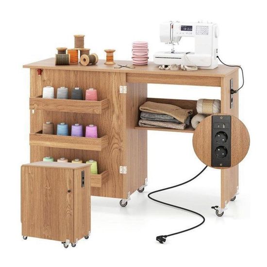 GIANTEX Table Couture Sur Roulettes Pliante - Meuble Machine à Coudre Avec Station Recharge Naturel