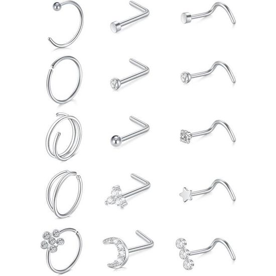 Lot De 9 Anneaux De Nez Courbés En Forme De L - Acier Chirurgical 20G (0.8mm) - Hypoallergénique, Sans Nickel - Sac En Velours Inclus - Cadeau Piercing