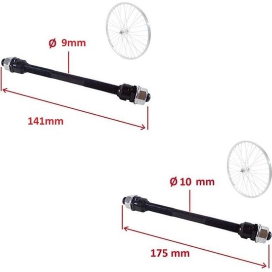 KIT AXE DE ROUE AVANT PLEIN DIAMETRE 9MM x LONGUEUR 141MM + ARRIERE PLEIN DIAMETRE 10mm x LONGUEUR 175mm VELO VTT ROUTE COURSE