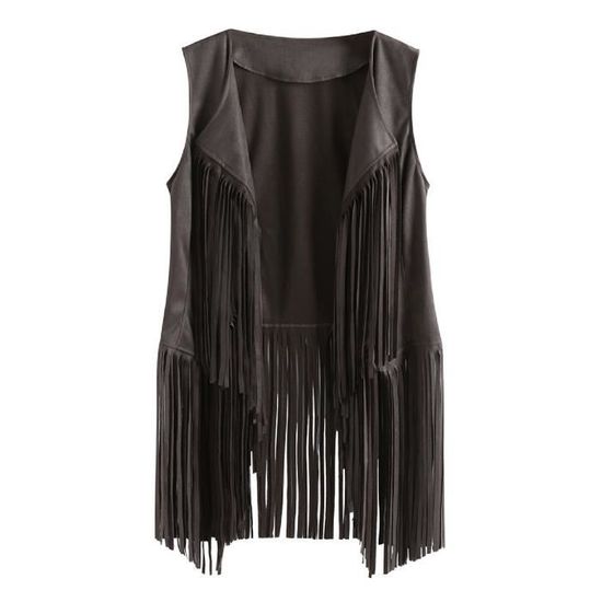 Gilet à Franges Femme Style Hippie Western - Sans Manches En Daim Synthétique - Couleur Unie Vintage