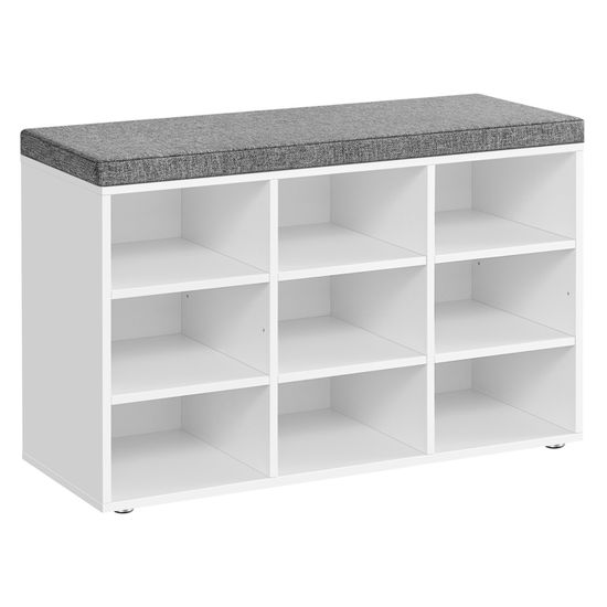 Meuble à Chaussures Avec Banc - 2 Compartiments, 4 étagères - Blanc Mat, Coussin Gris Lavable - Dimensions 120 X 52 X 27 Cm - 3