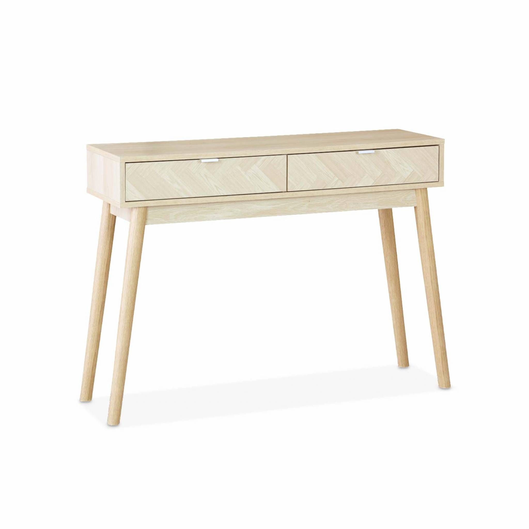 Console décor bois chevrons - Impériale - 2 tiroirs. pieds compas. 100 x 30 x 75cm