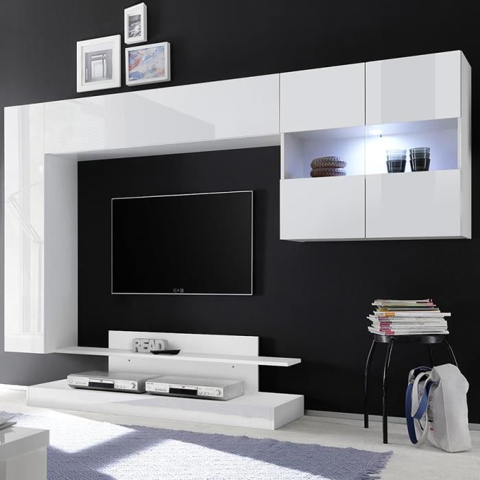 Meuble TV mural design blanc laqué PICERNO Blanc L 248 x P 42 x H 175 cm
