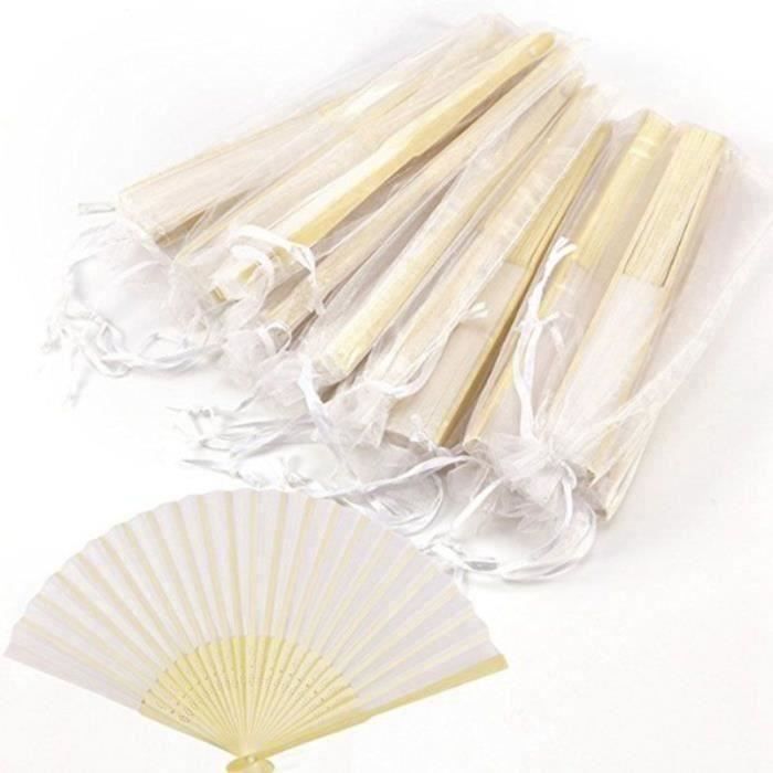 ZN*100 pieces - ensemble eventail de soie personnalise eventail de mariage en soie avec sac cadeau en organza (blanc)