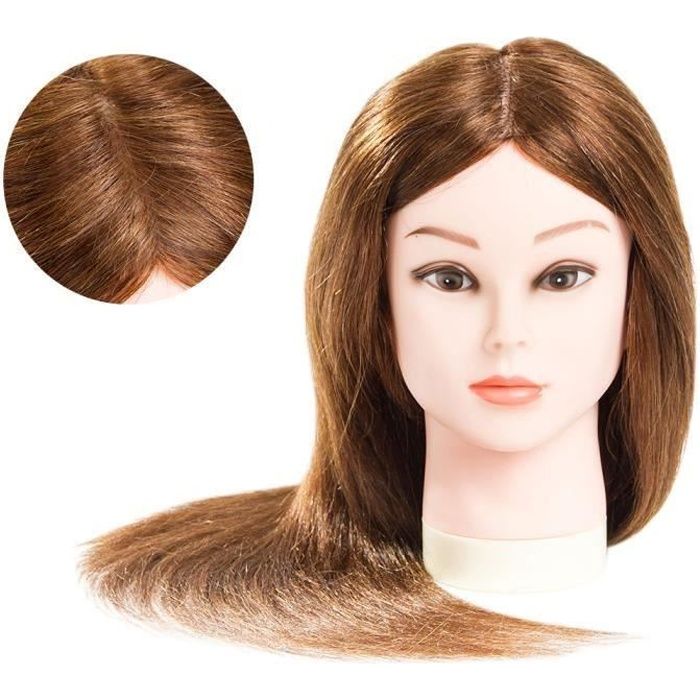 Tête femme Têtes a coiffer et maquiller professionnelle Tête d&#39exercice (Adela) 18&quot 100% Cheveux humains Coloris brun