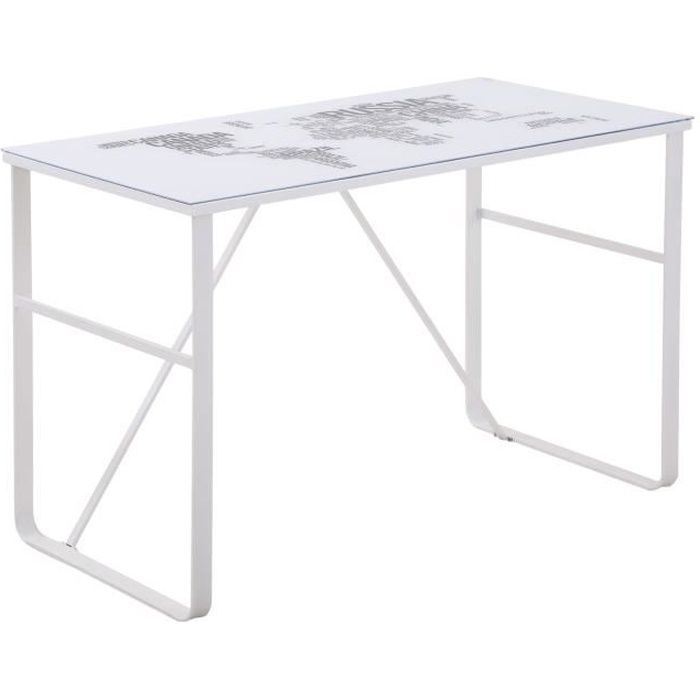 Bureau informatique design contemporain plateau verre trempé décor mappemonde lettres châssis métal blanc