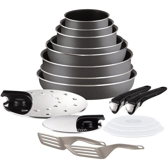 Tefal L2049002 Ingenio 5 Essential Lot de 17 Pièces Gris Anthracite Tous feux sauf induction : 3 Casseroles + 3 Poêles + 1 Wok