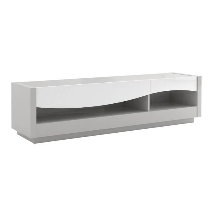 Meuble TV 2 tiroirs laqué Blanc/Gris - RALF - L 178 x l 45 x H 47