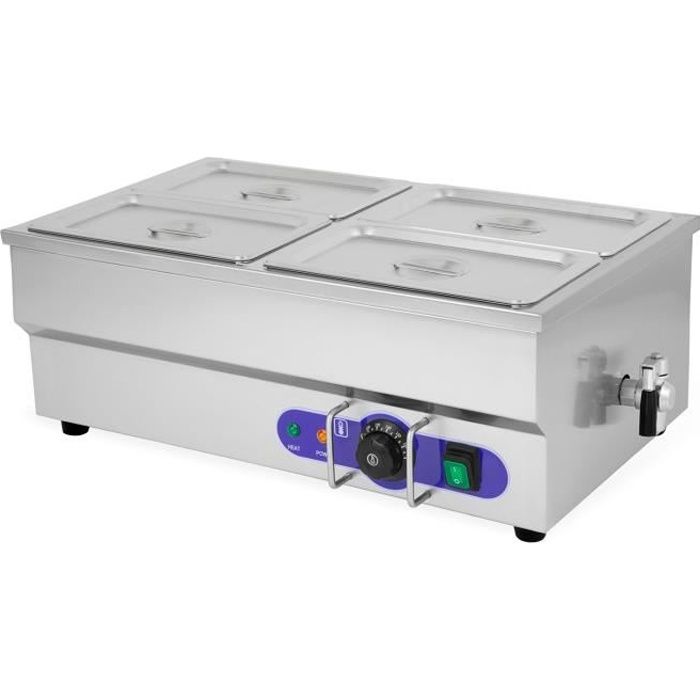 Vertes FD5-BM-4 Bain Marie avec couvercle (1500 Watt, avec 4x récipient GN 1-4, robinet de vidange, acier inoxydable)