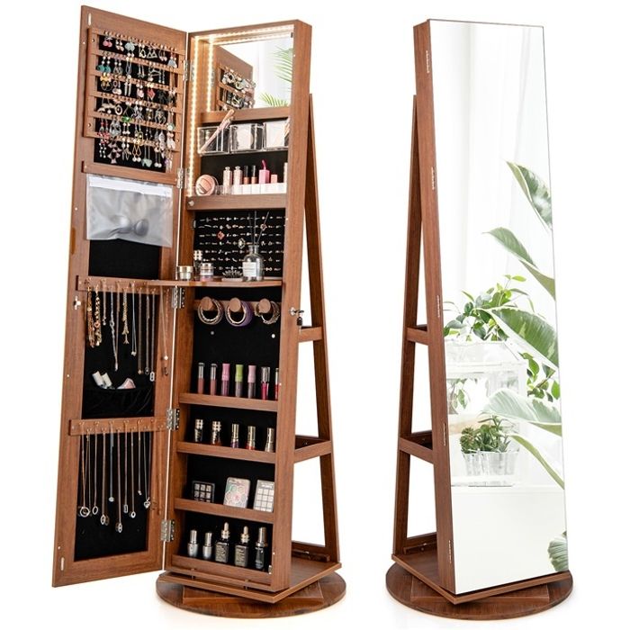 Armoire à Bijoux avec Miroir - RELAX4LIFE - 3 en 1 - Rotative à 360° - Miroir Pleine Longueur - Lumières LED 3 Couleurs - Marron