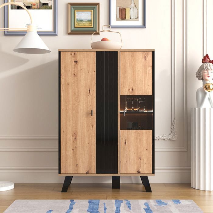 MODERNLUXE Buffet vitrines avec verre et éclairage LED. Contient des combinaisons de couleurs de stratifié de noir et de bois