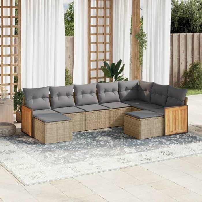 vidaXL Salon de jardin avec coussins 9 pcs beige résine tressée 3228222