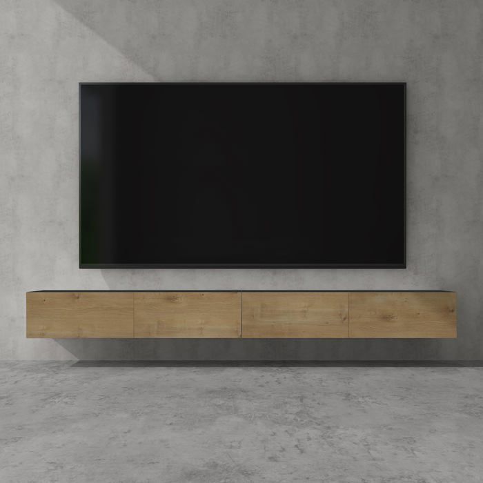 doporro Meuble TV Bas 280cm Armoire TV Gris Noir Mat + Marron Clair Table de Télévision Salon avec Portes Meuble TV Suspendu MBTV02