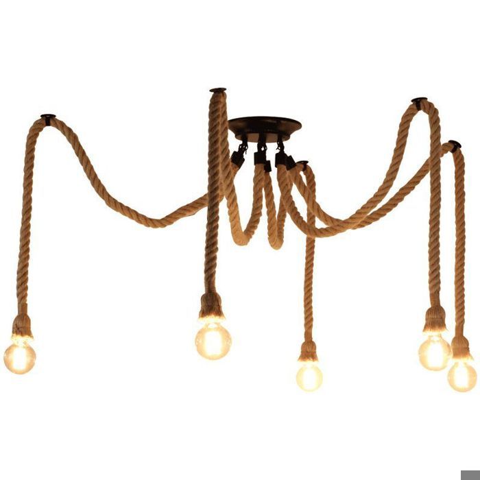 WOTTES Rétro Lustre Suspension Araignee Corde de Chanvre avec 5 Bras E27 Douille Industriel Lampe DIY 2.0m Fil Longueur Ajustable