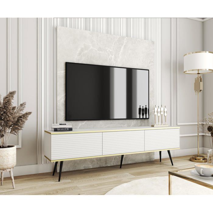 Meuble TV Avec Lamelles Blanc pieds Noir 175 x 30 x 52 cm Push to Open
