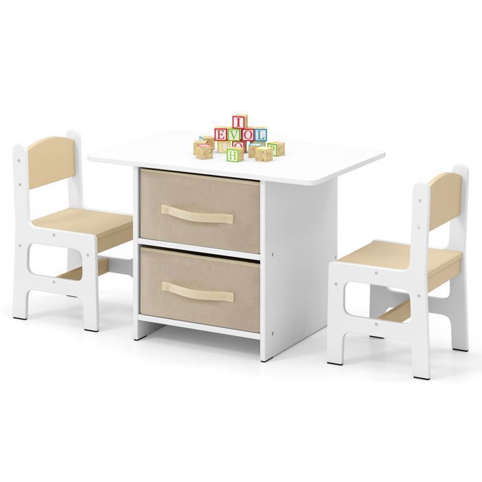 Table Enfant avec 2 Chaises - COSTWAY - 2 Tiroirs en Tissu & Puzzle - en Bois avec Design Ergonomique - Coins Arrondis - Beige