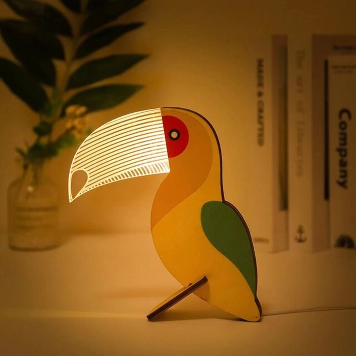 1 Lampe Toucan Bois et LED Acrylique - Piles Incluses - Décoration Enfant/Chambre - Ambiance Chaleureuse