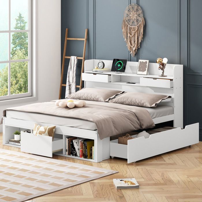 Lit coffre140x190cmLit double Lit enfant Avec port USB 4 tiroirs armoire de rangement Sommier cadre en bois massif blanc