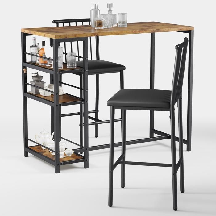 Mange Debout - Bealife - 1 Table Haute Marron - 2 Tabourets avec Dossier - Métal et PU en Cuir - 3 Étagères - 91x50 x91 cm