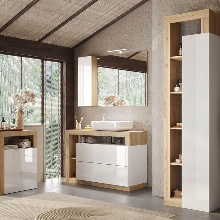 Ensemble meuble vasque 110cm + rangements + colonne blanc et aspect bois Cadiz - ARTURO Ensemble meuble vasque 110cm + rangements + colonne blanc et aspect bois Cadiz - ARTURO