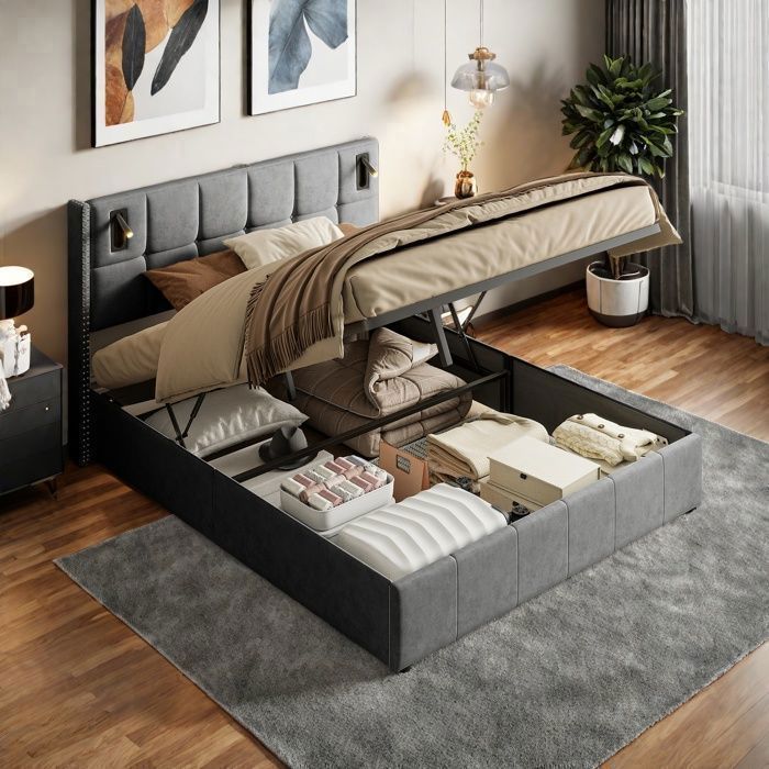 Lit coffre 140x200cm Tête de lit avec lumière de lecture Lit double rembourré avec rangement et sommier à lattes Flanelle Gris