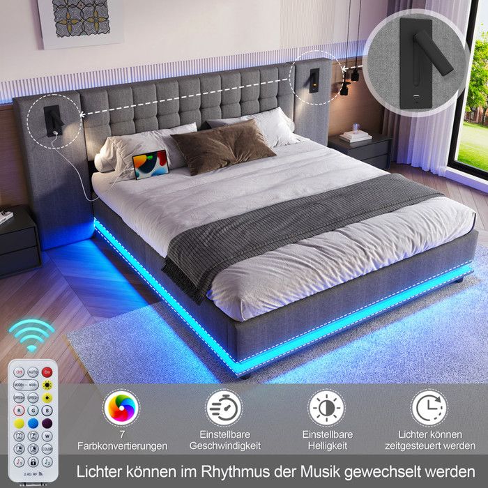 Lit 2 personnes 180x200 cm avec bande LED et USB Lit adulte avec spot Cadre de lit double avec tête de lit Lin Gris