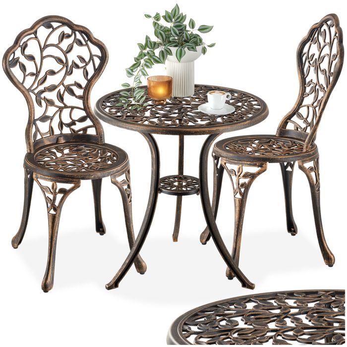 Ensemble table et chaise - TECTAKE - Ensemble bistrot LYON 2 personnes résistant aux intempéries avec motifs fantaisiste - Noir/Gris