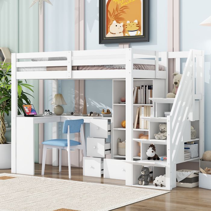 Lit Mezzanine Enfant 90 x 200 cm avec Bureau et Tiroirs Placard ouvert échelle de Rangement Plusieurs étagères certifié EN 747