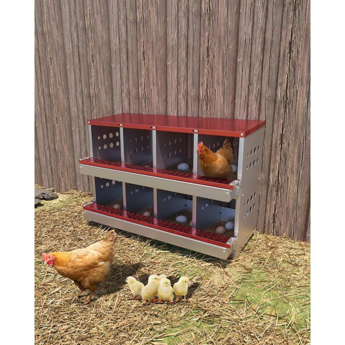 Pondoir pour Poules Nichoirs en Métal à 8 Compartiments Étanche Antirouille et Ventilé Plate-Forme de Repos Rouge