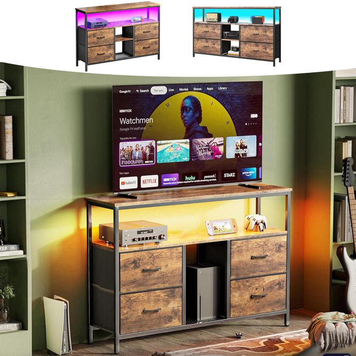 Meuble TV LED avec 4 Tiroirs 2 étagères de Rangement Cadre en Acier 108 x 29.8 x 76.8 cm Banc TV Support Télé Marron