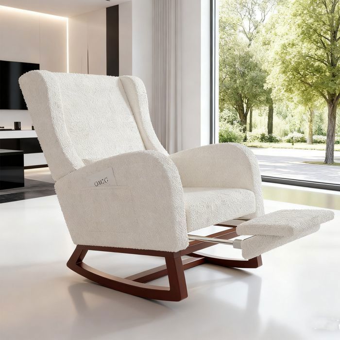 Fauteuil à bascule POCKETPOP velours Teddy blanc cassé avec coussin et repose‑pieds rétractable