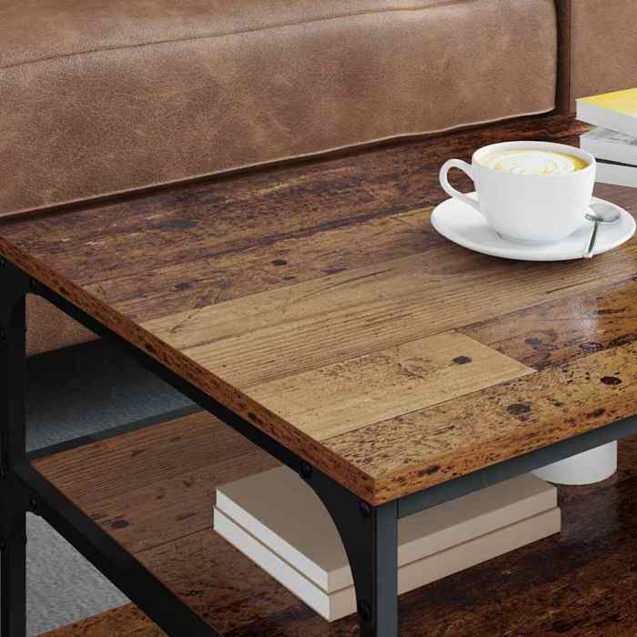 Table basse en bois dingénierie - vidaXL - 90x49x40 cm - Bois ancien - 2 étagères - Cadre en métal noir