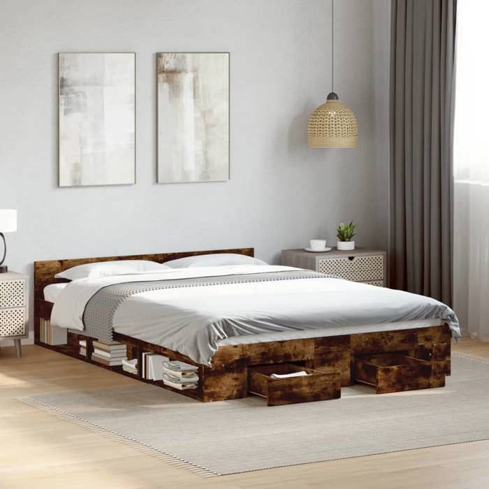 Structure de lit avec tiroirs - UU - Chêne fumé - 140x190 cm - 193x143x45 cm - Bois dingénierie - Contreplaqué