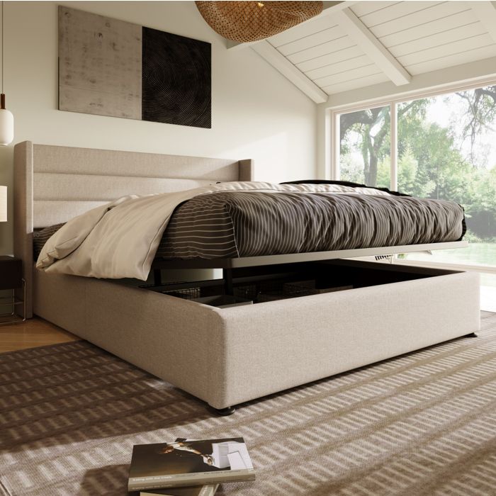 Lit coffre 140x200 cm en lin beige avec tête rembourrée à panneaux empilés – Design moderne et épuré