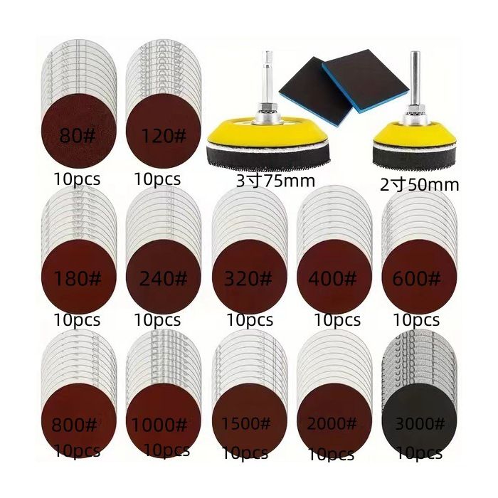 120 Pièces Disques de PonçagePad de 50mm 75mm avec papier a poncer à fixation80 120 180 240 320 480 600 800 1000 1200 1500 3000