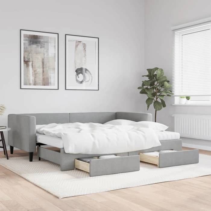 Lit de jour avec gigogne - vidaXL - Gris clair - 90x190 cm - Tissu polyester - 2 matelas en mousse