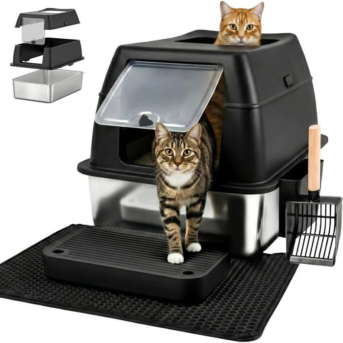 Meilleurs prix pour Bac à litière XXL en acier inoxydable - ZGEER - 60x405x40 cm - Inox - Double entrée