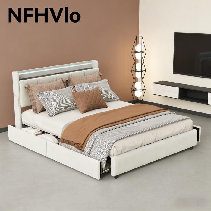 NFHVlo Lit double métal 160x200cm LED intégrée rangement pratique tiroirs prises étagères pour adulte