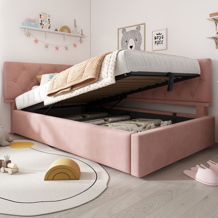 Lit Coffre 90x200 cm - Lit Simple avec Grand Coffre Rangement Revêtement en Velours Rose Sans Matelas design Contemporain