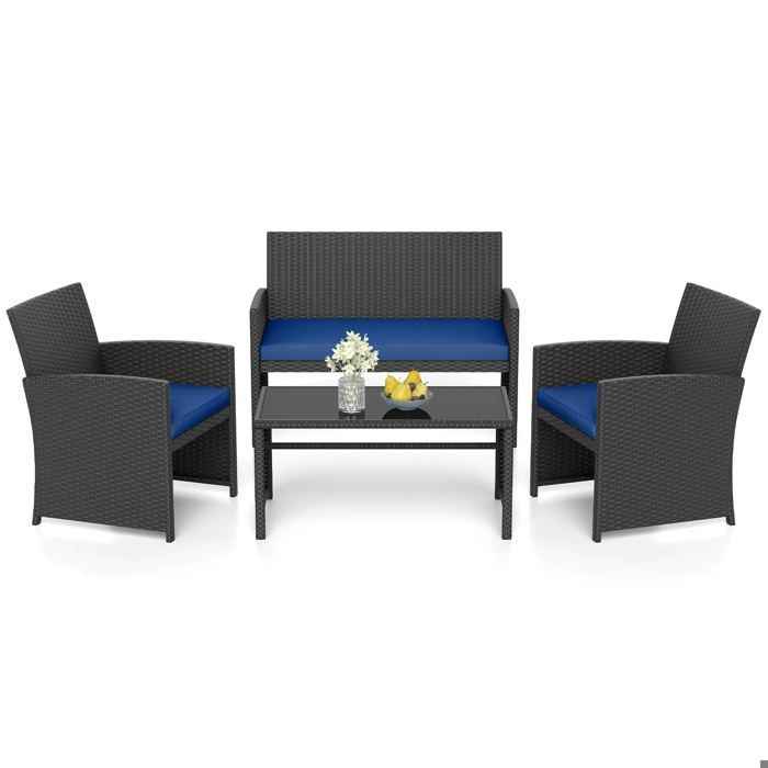 GIANTEX Salon de Jardin Exterieur en Rotin PE 4 Pièces Canapé 2 Places 2 Fauteuils Table Basse avec Plateau en Verre Bleu